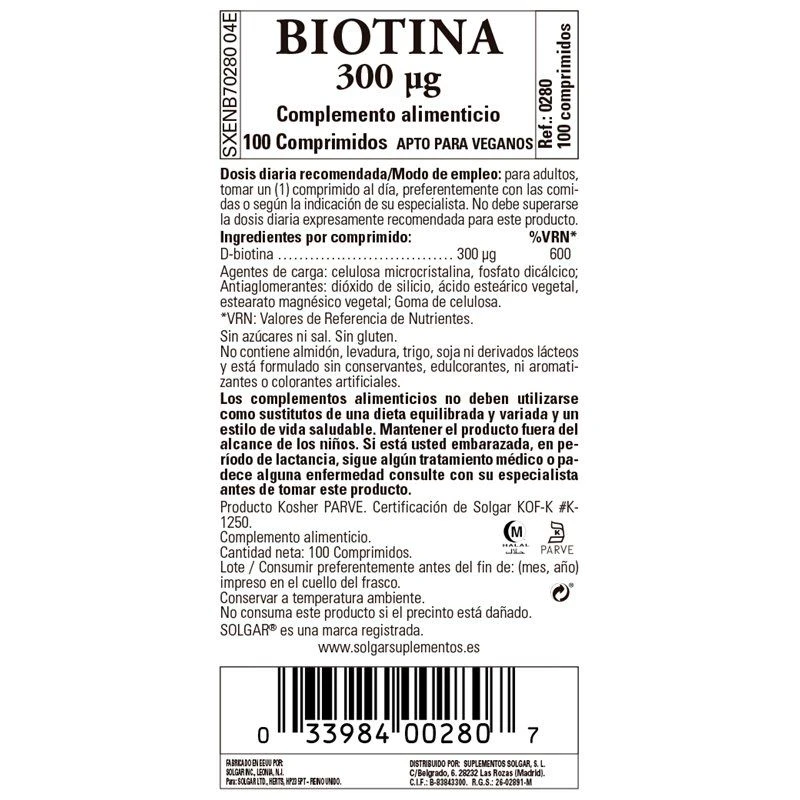 Solgar Biotina 300μg 100 Comprimidos 2 Solgar Biotina 300μg 100 Comprimidos - Imagen 2