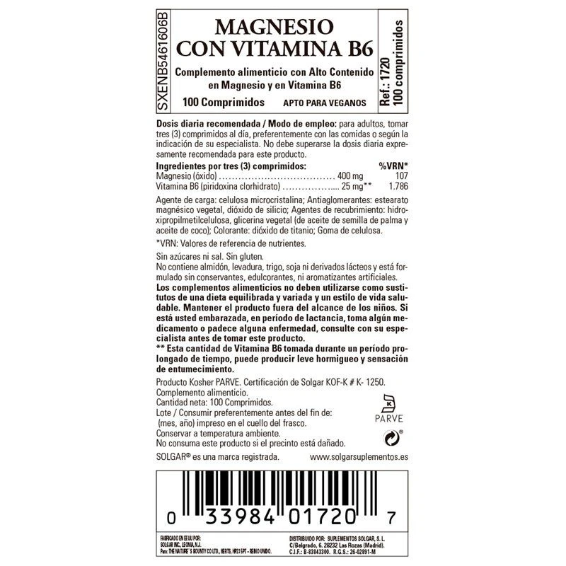 Solgar Magnesio Vitamina B6 100 Comprimidos 2 Solgar Magnesio Vitamina B6 100 Comprimidos - Imagen 2