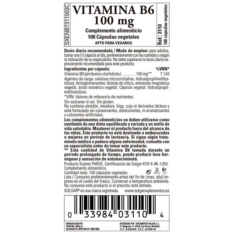 Solgar Vitamina B6 100Mg 100 Capsulas 2 Solgar Vitamina B6 100Mg 100 Capsulas - Imagen 2